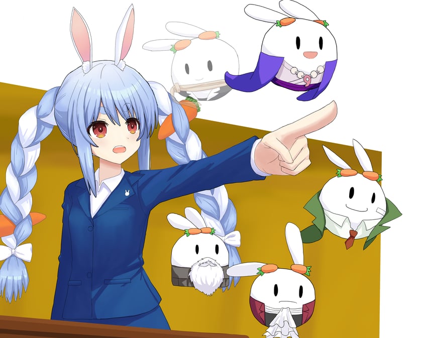 usada pekora, pekomon, miles edgeworth, maya fey, dick gumshoe, and 2 more (hololive and 1 more) drawn by rukimi8787