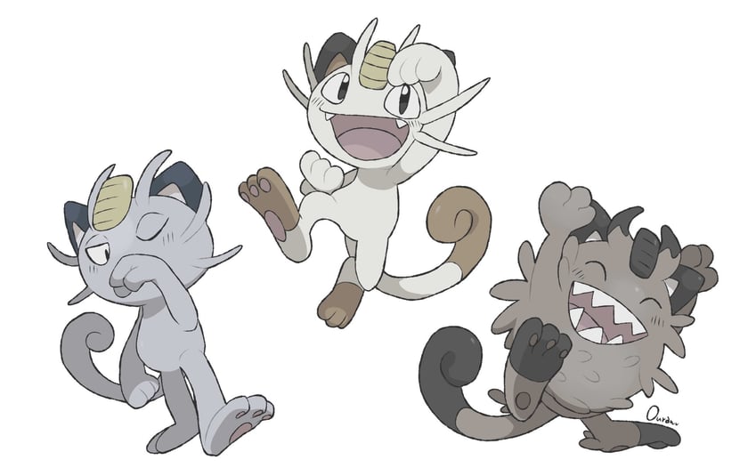 meowth, alolan meowth, and galarian meowth (pokemon) drawn by ouran