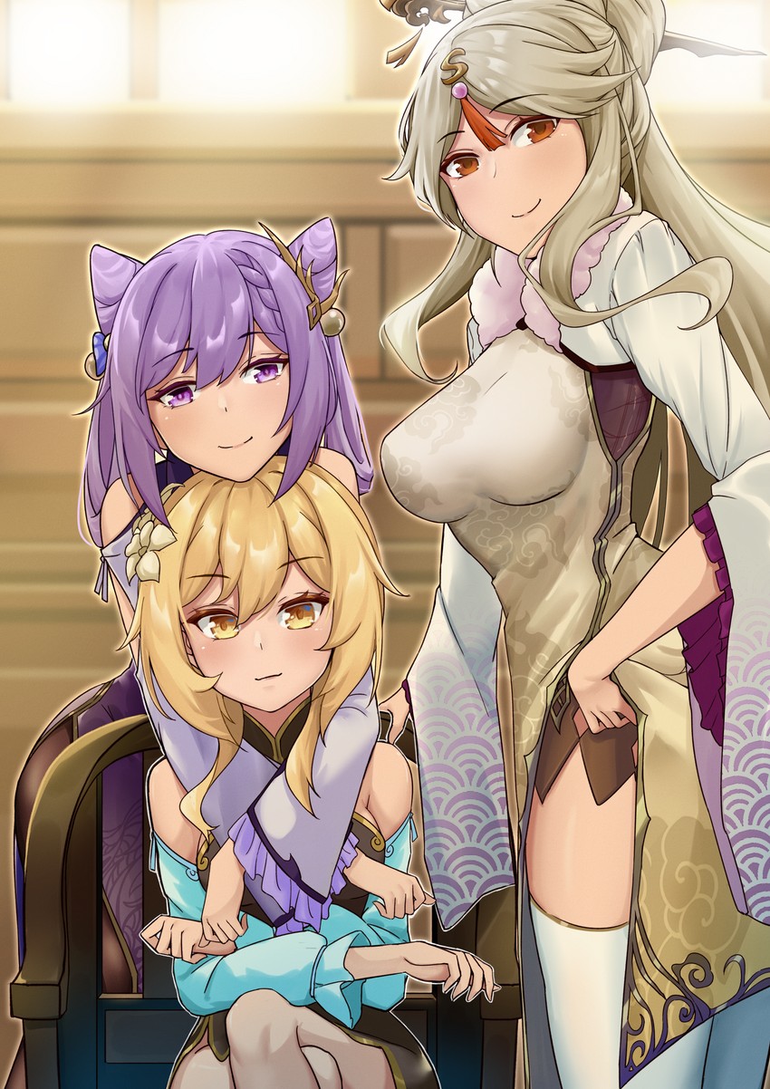 lumine, keqing, and ningguang (genshin impact) drawn by hpapo