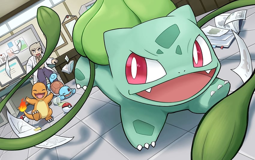 bulbasaur, squirtle, charmander, and professor oak (pokemon and 1 more) drawn by aka_tadaima