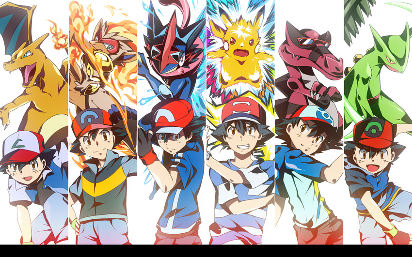 pikachu, ash ketchum, charizard, greninja, sceptile, and 3 more (pokemon and 5 more) drawn by matsu-jun