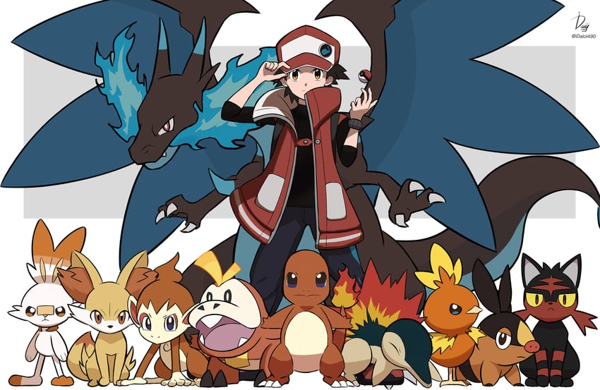 red, charizard, scorbunny, cyndaquil, charmander, and 7 more (pokemon and 1 more) drawn by ida_(idalol490)
