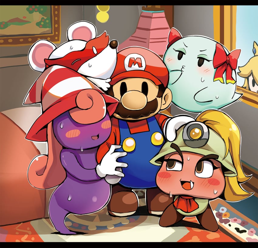 princess peach, mario, vivian, paper mario, goombella, and 3 more (mario and 3 more) drawn by diz_(diznaoto)