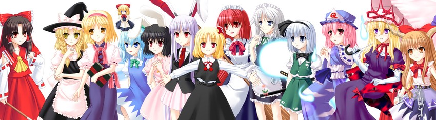hakurei reimu, kirisame marisa, izayoi sakuya, konpaku youmu, alice margatroid, and 9 more (touhou and 1 more) drawn by totokichi
