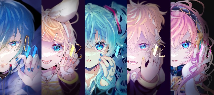 hatsune miku, kagamine rin, kagamine len, megurine luka, and kaito (vocaloid) drawn by mobukyara_(mobumobu0817)