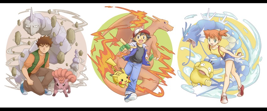 pikachu, ash ketchum, misty, charizard, psyduck, and 4 more (pokemon) drawn by gintarou_(puipuiginta)