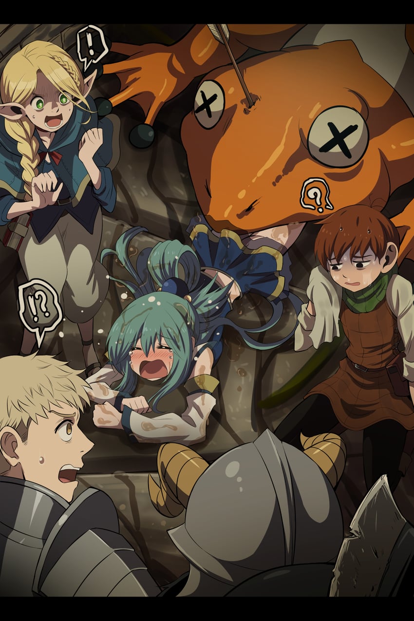 aqua, marcille donato, laios touden, senshi, and chilchuck tims (kono subarashii sekai ni shukufuku wo! and 1 more) drawn by fujitaka_nasu