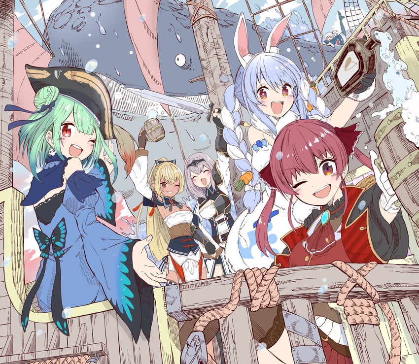 gawr gura, houshou marine, usada pekora, shirogane noel, uruha rushia, and 2 more (hololive and 1 more) drawn by yurai0739