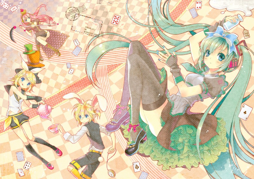 hatsune miku, kagamine rin, kagamine len, megurine luka, alice, and 2 more (vocaloid and 1 more) drawn by boya
