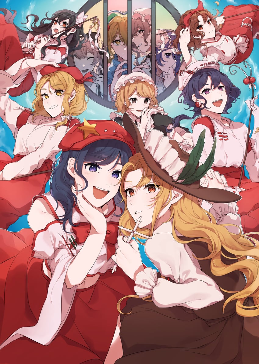 jacket girl, label girl, satsuki rin, girl who trained on mt. haku, hourai girl, and 6 more (touhou and 2 more) drawn by laspberry.