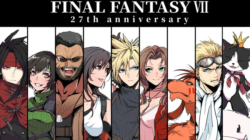 tifa lockhart, cloud strife, aerith gainsborough, yuffie kisaragi, moogle, and 5 more (final fantasy and 3 more) drawn by crazy02oekaki