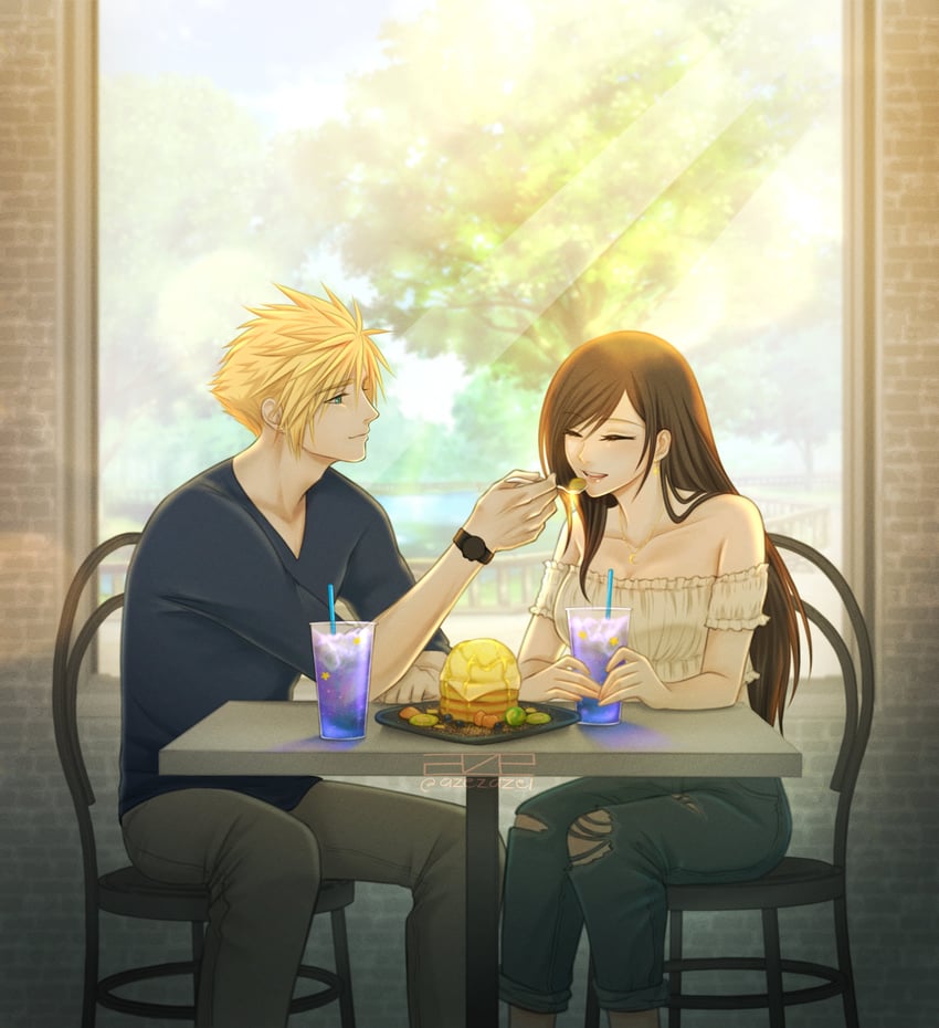 tifa lockhart and cloud strife (final fantasy and 2 more) drawn by azezazel