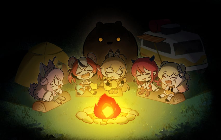 nanashi mumei, hakos baelz, irys, hakui koyori, and momosuzu nene (hololive and 1 more) drawn by guoo