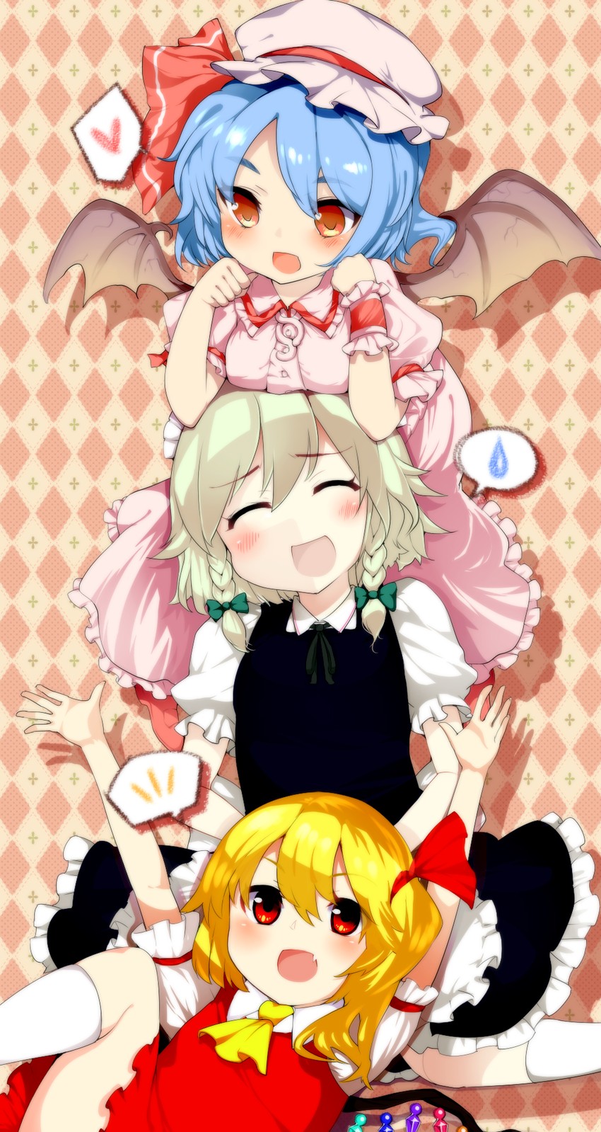 remilia scarlet, flandre scarlet, and izayoi sakuya (touhou) drawn by playn