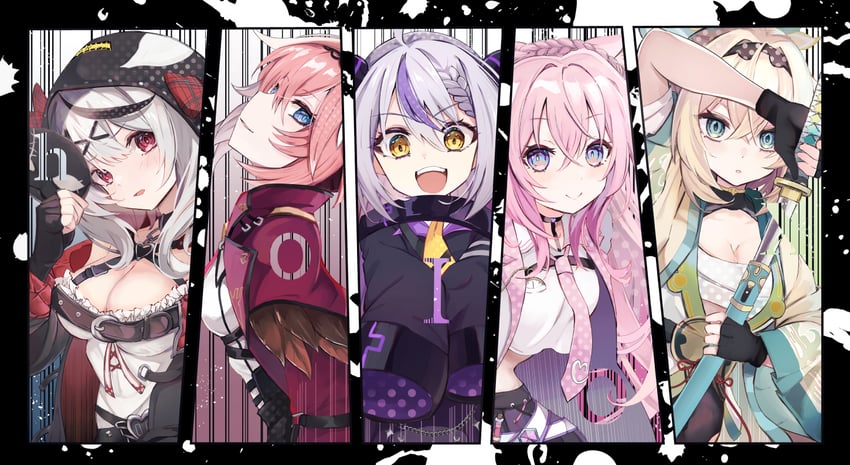 sakamata chloe, la+ darknesss, hakui koyori, kazama iroha, and takane lui (hololive) drawn by fukiya_(fumiakitoyama)