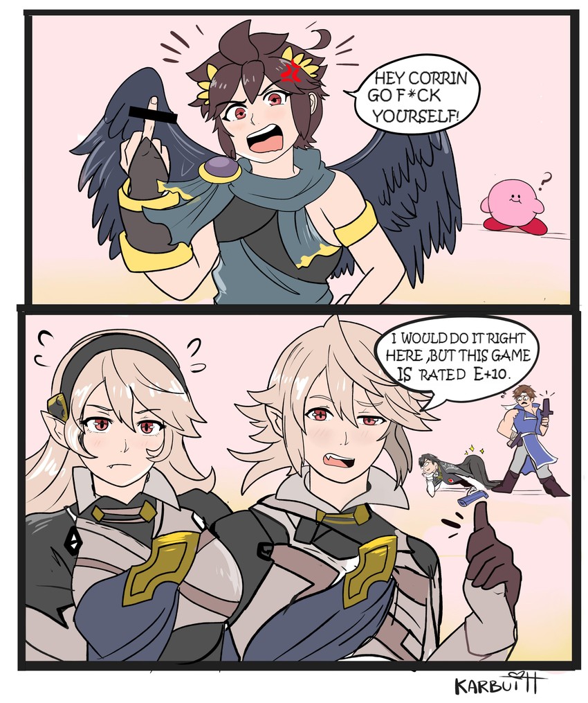 kirby, female corrin, bayonetta, male corrin, dark pit, and 1 more (fire emblem and 9 more) drawn by karbuitt