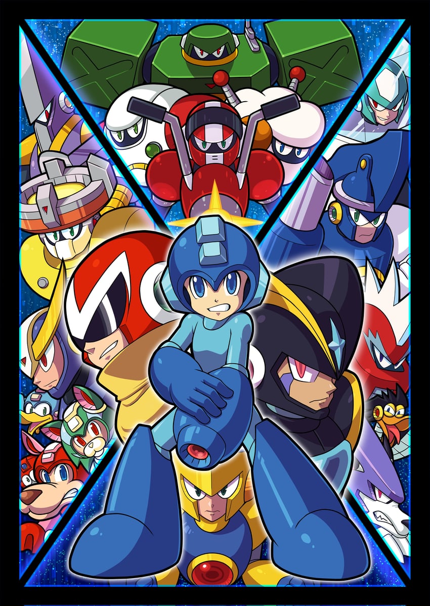 mega man, proto man, bass, rush, beat, and 15 more (mega man and 1 more) drawn by hi-go!