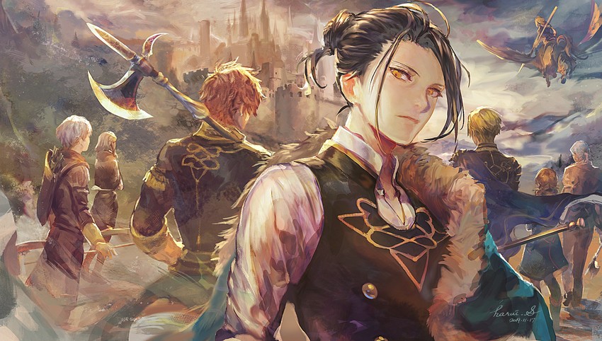 dimitri alexandre blaiddyd, ingrid brandl galatea, sylvain jose gautier, felix hugo fraldarius, mercedes von martritz, and 3 more (fire emblem and 1 more) drawn by haruko_(haruhello)