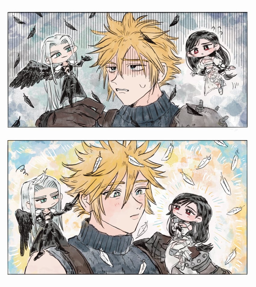 tifa lockhart, cloud strife, and sephiroth (final fantasy and 4 more) drawn by uni_u1