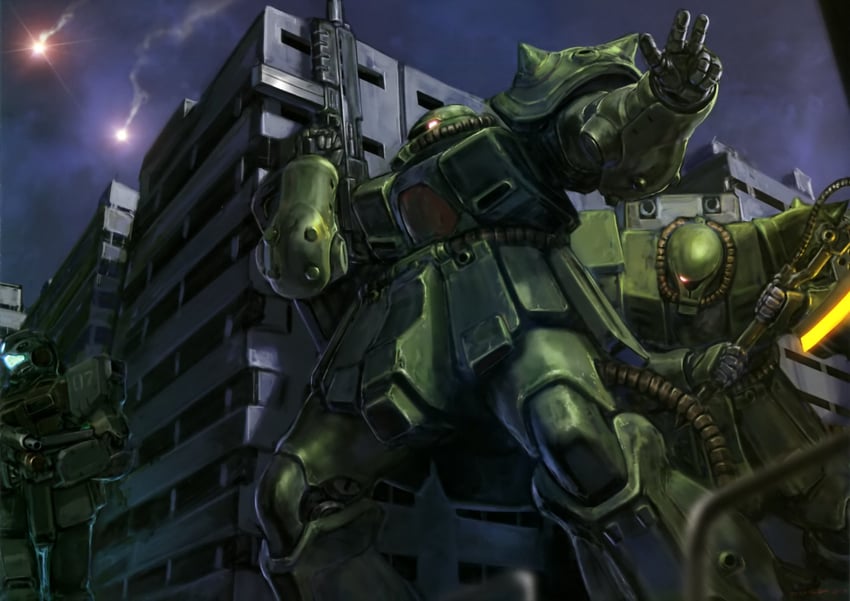 zaku ii, zaku ii fz kai, gm command, and gm kai (gundam and 2 more) drawn by kinoshita_tomotake