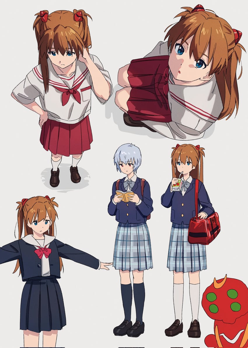souryuu asuka langley, ayanami rei, and eva 02 (neon genesis evangelion) drawn by hajikkoneko