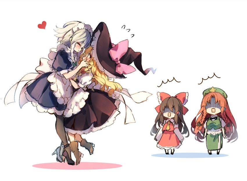 hakurei reimu, kirisame marisa, izayoi sakuya, and hong meiling (touhou) drawn by piyokichi
