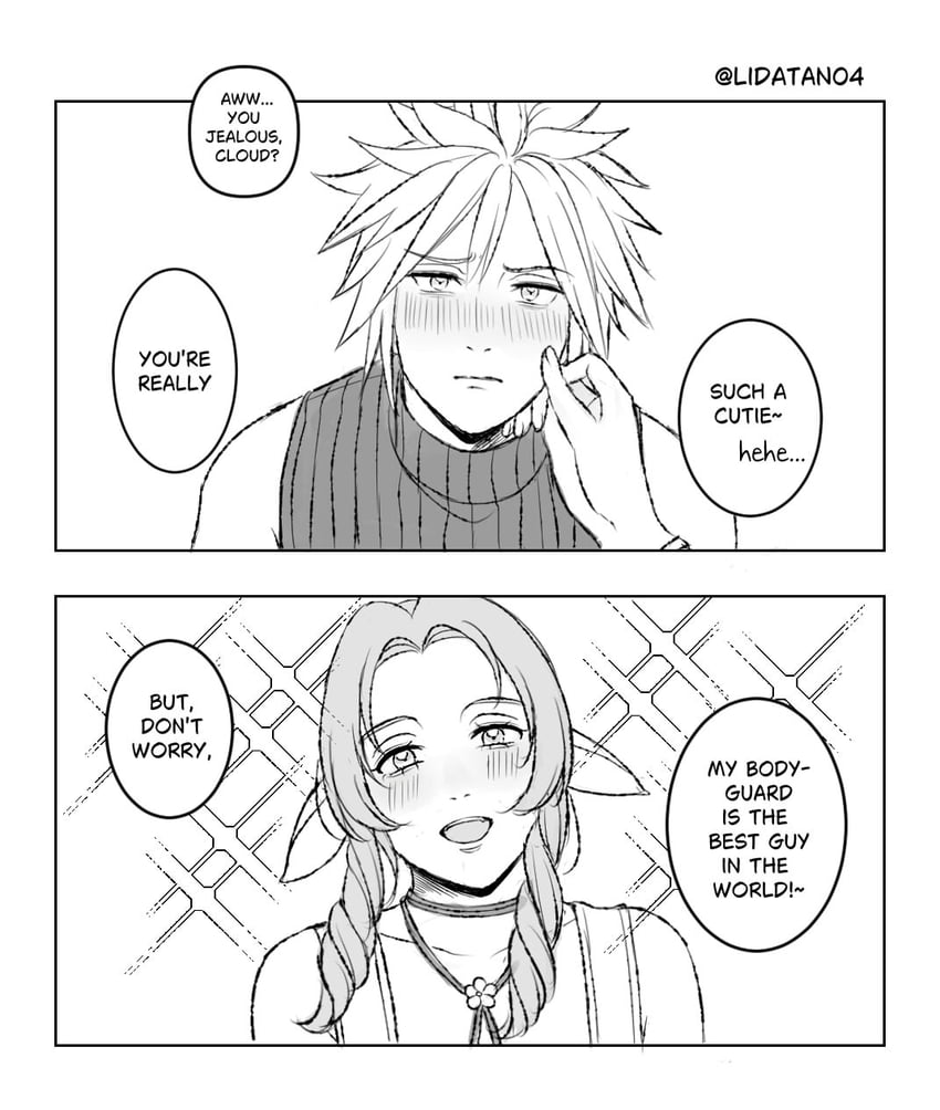 cloud strife and aerith gainsborough (final fantasy and 3 more) drawn by lida_(lidalida04)
