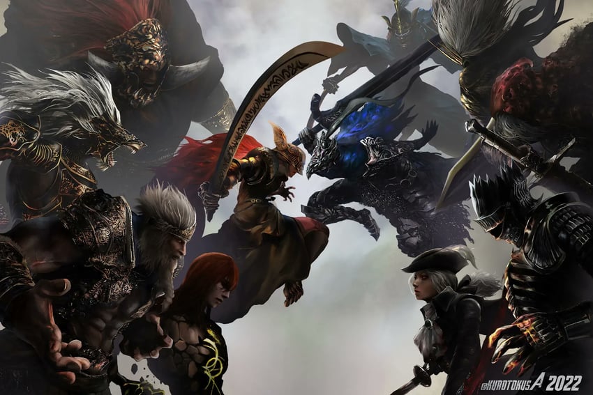 malenia blade of miquella, lady maria of the astral clocktower, artorias the abysswalker, starscourge radahn, nameless king, and 6 more (elden ring and 6 more) drawn by kurotokusa