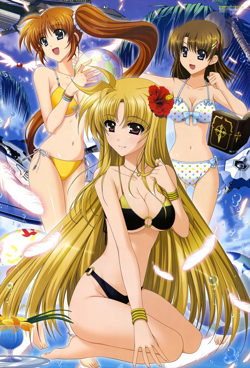 fate testarossa, takamachi nanoha, yagami hayate, raising heart, tome of the night sky, and 1 more (lyrical nanoha and 4 more) drawn by higa_yukari