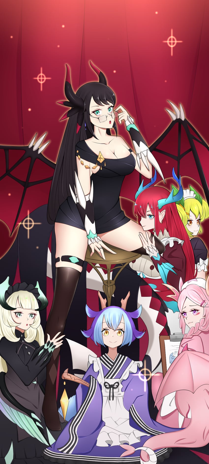 laundry dragonmaid, parlor dragonmaid, kitchen dragonmaid, chamber dragonmaid, house dragonmaid, and 1 more (yu-gi-oh!) drawn by max8823777