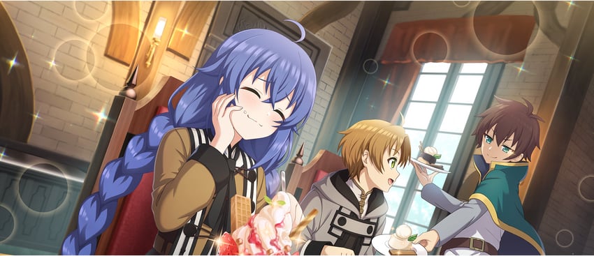 satou kazuma, roxy migurdia, and rudeus greyrat (kono subarashii sekai ni shukufuku wo! and 2 more)