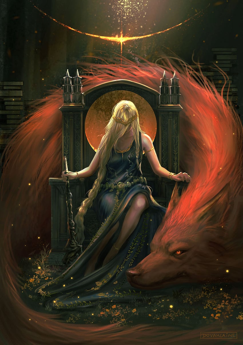 queen marika the eternal and red wolf of radagon (elden ring) drawn by dovahcaine
