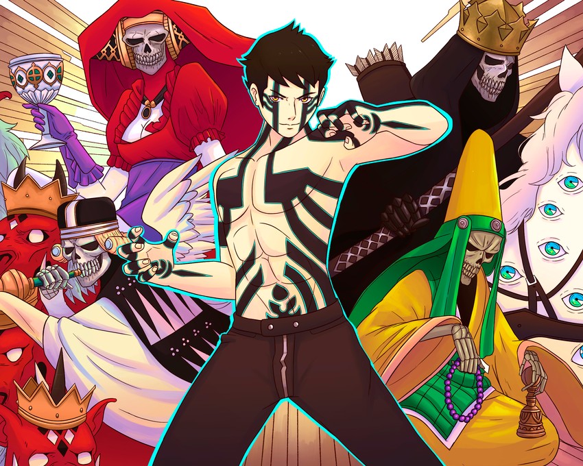 demi-fiend, mother harlot, white rider, trumpeter, and daisoujou (shin megami tensei and 1 more) drawn by truejekart