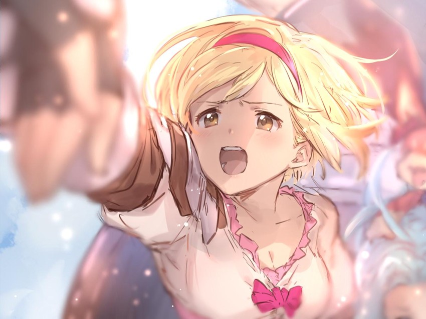djeeta, sandalphon, lyria, fighter, and vyrn (granblue fantasy) drawn by mire_eeeei