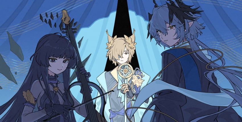 virtuosa, logos, phantom, and tragodia (arknights and 1 more) drawn by favilia