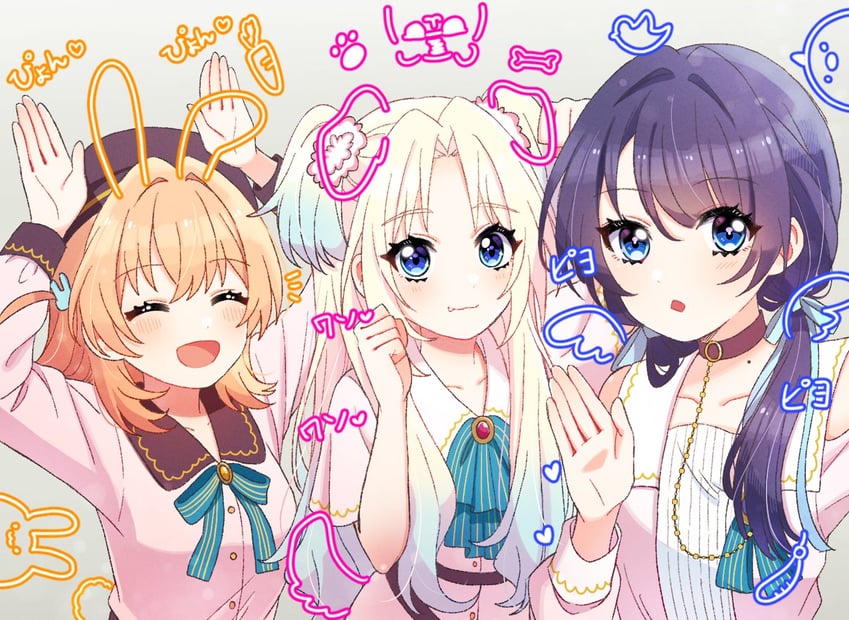 hinoshita kaho, murano sayaka, and osawa rurino (love live! and 1 more) drawn by yoon_(yoon_lovelive)