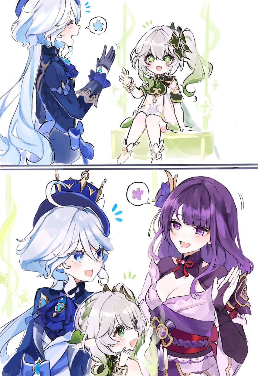 raiden shogun, furina, and nahida (genshin impact) drawn by shinoo0915