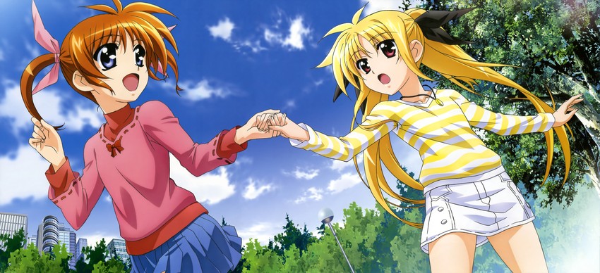 fate testarossa and takamachi nanoha (lyrical nanoha and 4 more) drawn by hashimoto_takayoshi