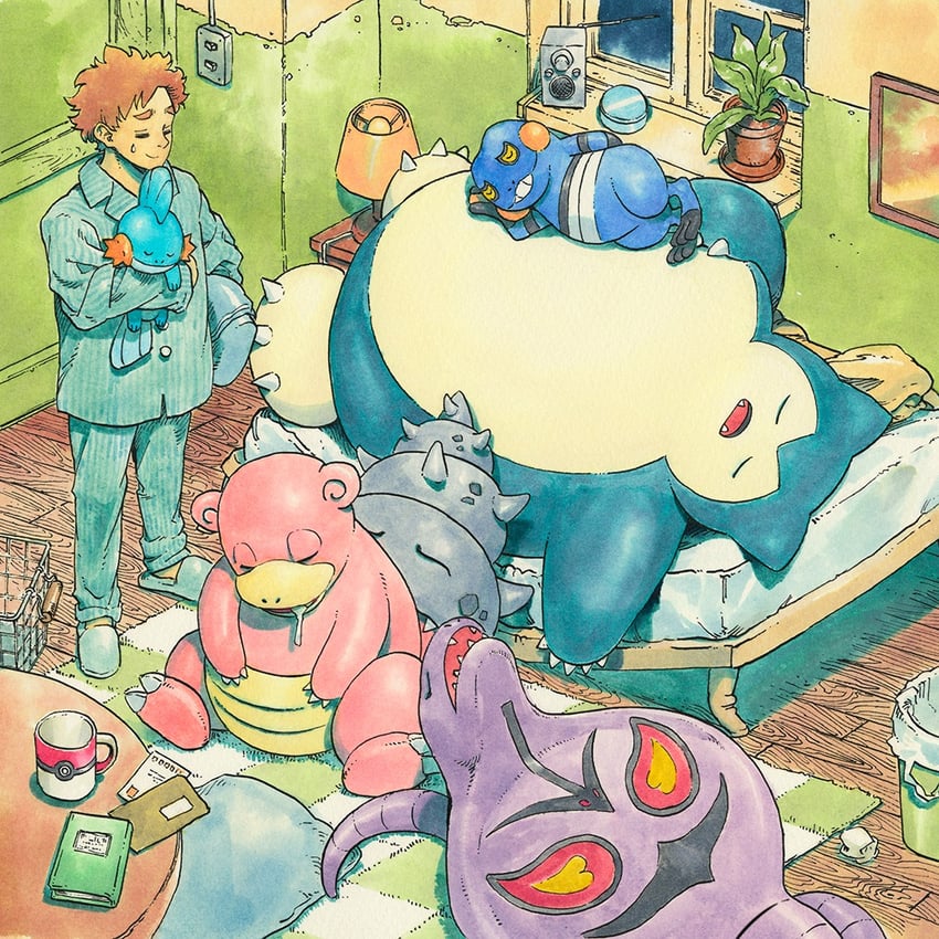 mudkip, snorlax, arbok, croagunk, and slowbro (pokemon and 1 more) drawn by kuwabara_taku