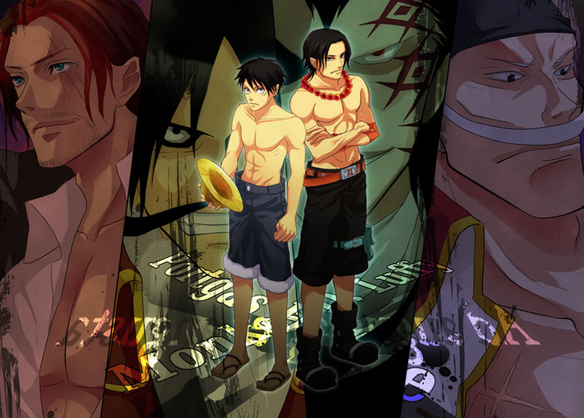 monkey d. luffy, portgas d. ace, shanks, gol d. roger, edward newgate, and 1 more (one piece) drawn by 004-nadleeh