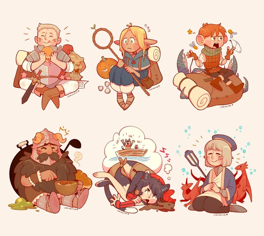 marcille donato, falin touden, laios touden, senshi, chilchuck tims, and 1 more (dungeon meshi) drawn by luchichufer