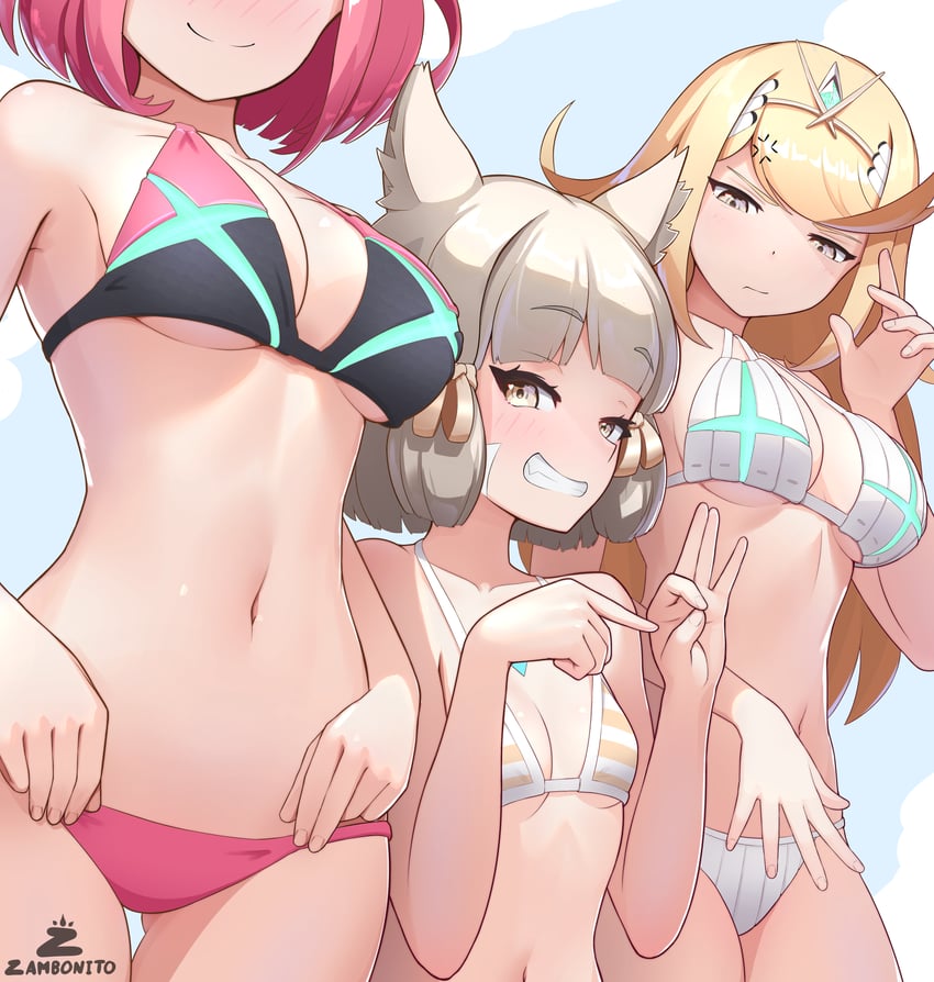 pyra, mythra, and nia (xenoblade chronicles and 1 more) drawn by zambonito