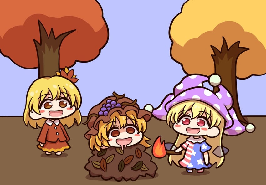 clownpiece, aki minoriko, and aki shizuha (touhou) drawn by shitacemayo