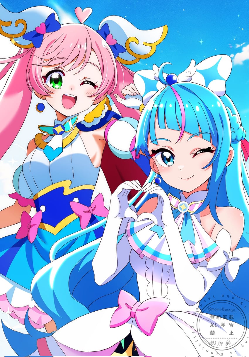sora harewataru, nijigaoka mashiro, cure sky, and cure prism (precure and 1 more) drawn by momotarouooi