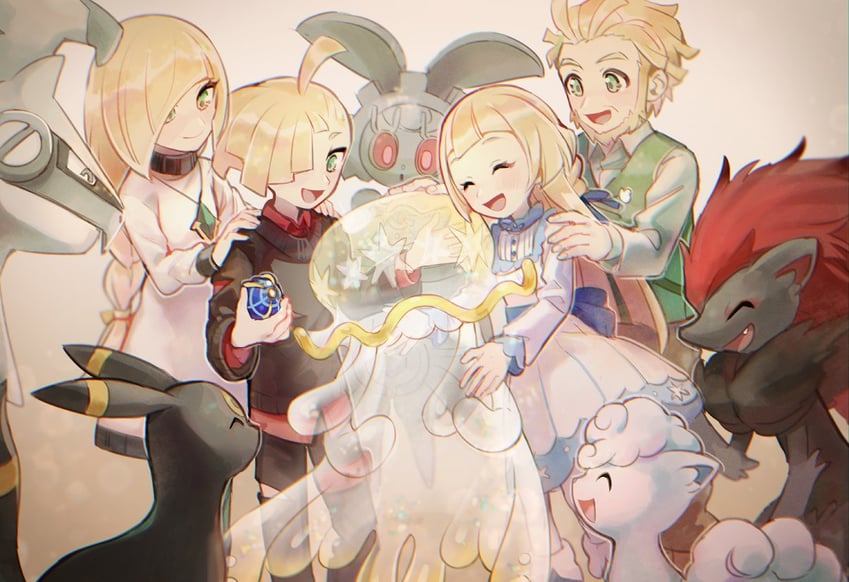 umbreon, lusamine, gladion, alolan vulpix, zoroark, and 3 more (pokemon and 1 more) drawn by huan_li