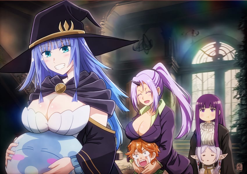 frieren, fern, rimuru tempest, shion, charlotte wraith, and 1 more (sousou no frieren and 2 more) drawn by asukamama89