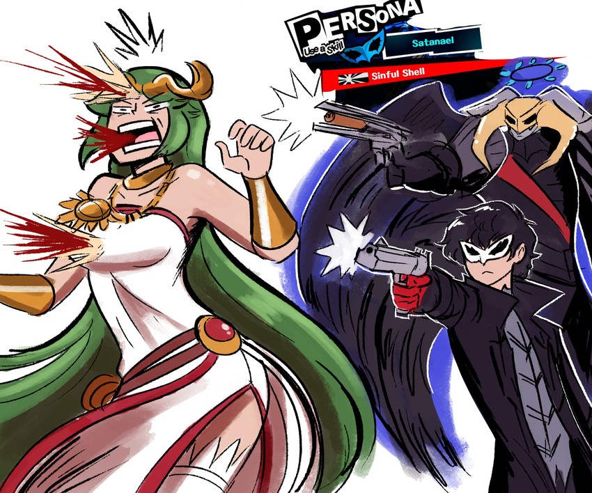 amamiya ren, palutena, joker, and satanael (persona and 3 more) drawn by scruffyturtles