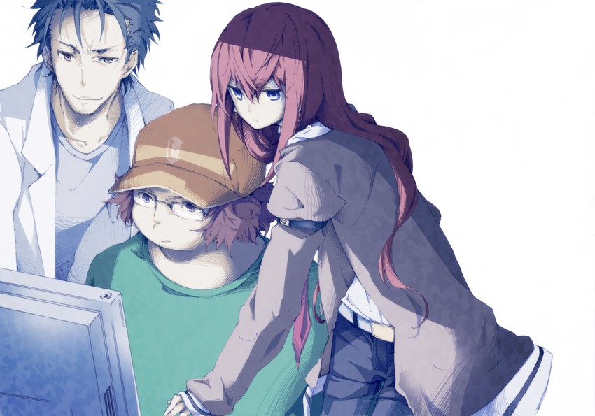 makise kurisu, okabe rintarou, and hashida itaru (steins;gate) drawn by kuusou_ryodan