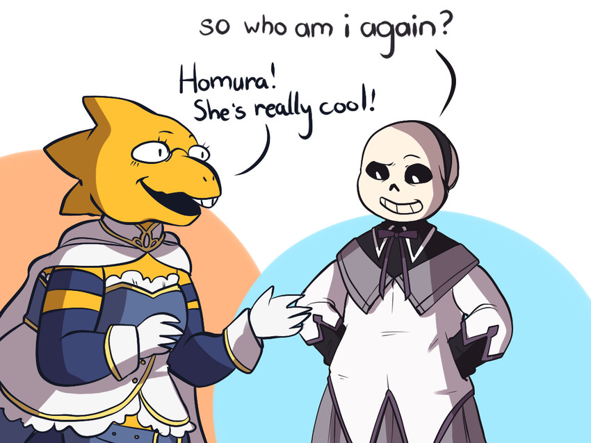akemi homura, miki sayaka, sans, and alphys (mahou shoujo madoka magica and 1 more) drawn by sarcasticasides