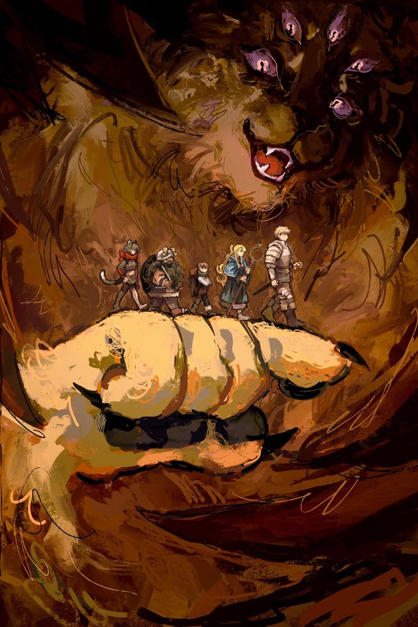 marcille donato, laios touden, senshi, chilchuck tims, izutsumi, and 1 more (dungeon meshi) drawn by xaki_(chanxaki)